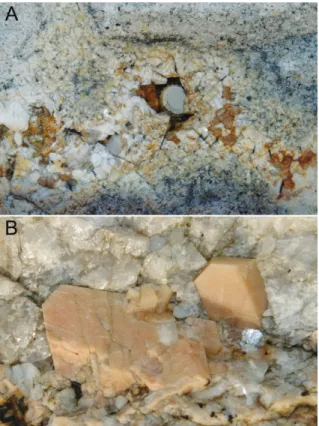Fig.  10.  A  –  a  pegmatite  nest  (feldspars,  quartz,  stilbite)  with  druse  (cap  left  by  a  non- non-geotourist  inside),  B  –  a  closeup  image  of  perfectly  formed  feldspars;  a  rock  blocks  in  pier  strengthening  