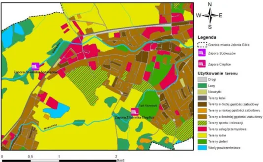 Fig. 1. Location of dry polders in Cieplice in the Jelenia Góra district  Źródło: na podstawie danych GIS, www.gis-support.pl z dnia 16.06.2015 