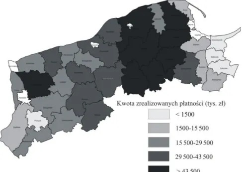 Fig. 4. Less favoured areas payments in the Pomeranian region (31.12.2015)  Źródło: opracowane na podstawie GUS, Bank Danych Lokalnych, www.gus.gov.pl  