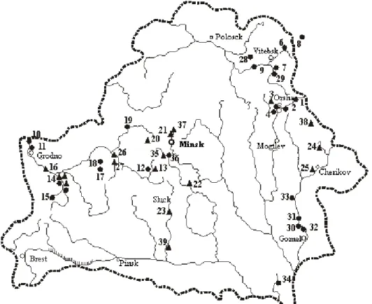 Fig. 1. Sites of the Late Glacial and Holocene fossil micromammals on the territory of Belarus  Ryc