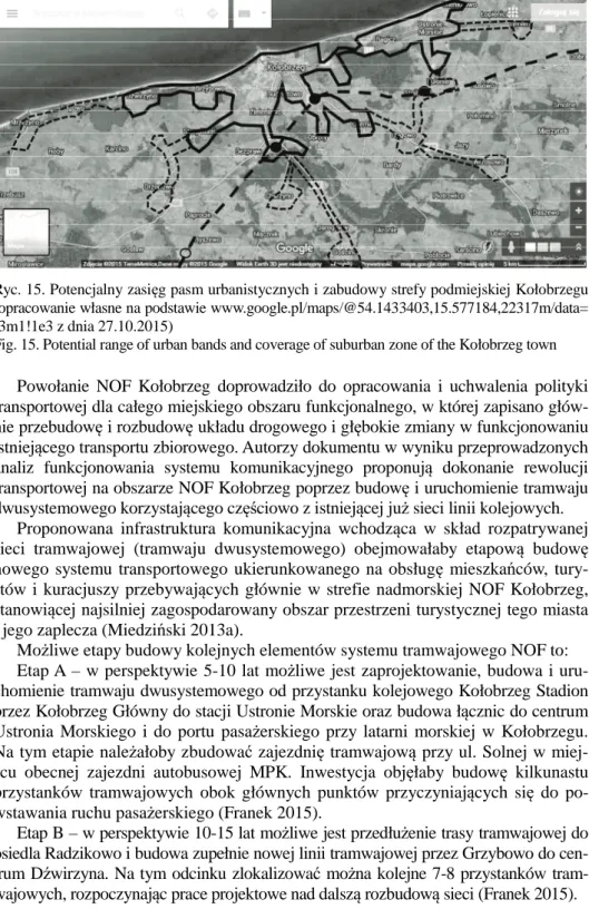 Fig. 15. Potential range of urban bands and coverage of suburban zone of the Kołobrzeg town 