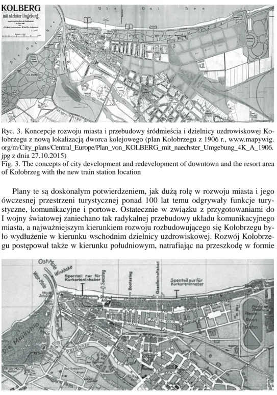 Fig. 3. The concepts of city development and redevelopment of downtown and the resort area  of Kołobrzeg with the new train station location  