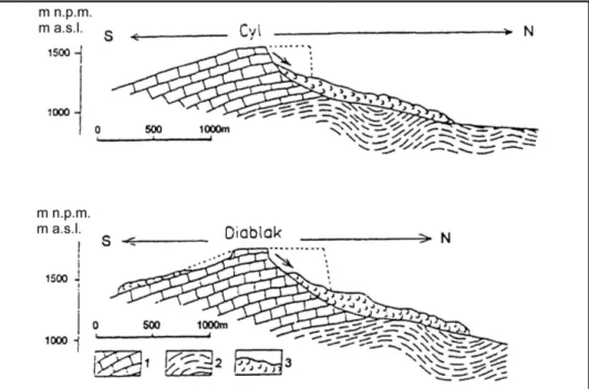 Fig. 3. Geological cross – sections through the band Babia Góra 