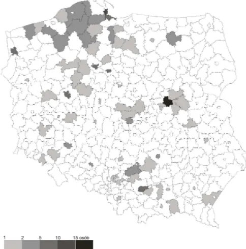 Fig. 4. The origin of tourists participating in the realized research, showed in the administra- administra-tive division of the country according to poviats 