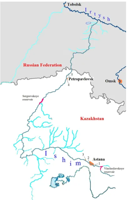 Fig. 1. Location of researched hydro-chemical points on the Ishim river: 1 – the Ishim River   – Astana city point (upstream the city); 2 – the Ishim River – Astana city point (downstream  the city); 3 – the Ishim River – Kamenniy karyer station point; 4 –