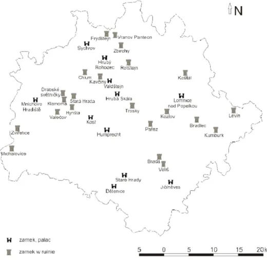 Fig. 4. The location of castles and palaces on the area of the Bohemian Paradise  Źródło: opracowanie własne 