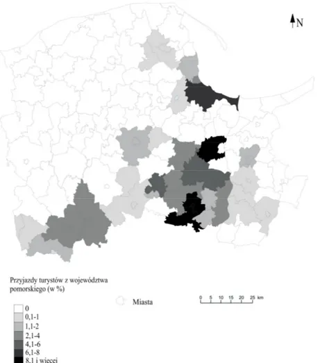 Fig.  2.  The  origins  of  the  tourists  coming  from  the  Pomerania  region  in  researched  agri- agri-tourist farms in the area of Kociewie in 2008-2010 