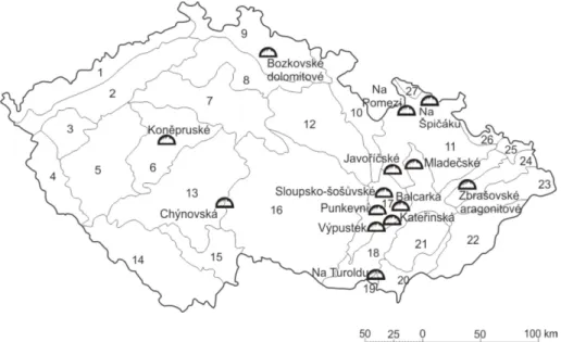 Fig. 1. The localization of the caves as regards Czech Republic’s physiography units  Źródło: opracowanie własne na podstawie Kondrackiego 1996 