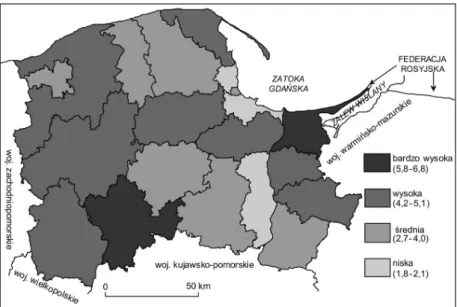 Fig. 8.  The  number  of  traffic  offences  consisting  in  driving  by  a  drunken  person  identified  in  completed preparatory proceedings per 1.000 inhabitants divided into counties, the state as of 2010  Źródło: dane otrzymane z Wojewódzkiej Komendy