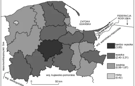 Fig. 11. The number of accidents with people during local hazards (including fires) per 1.000  inhabitants divided into counties, the state as of 2010 