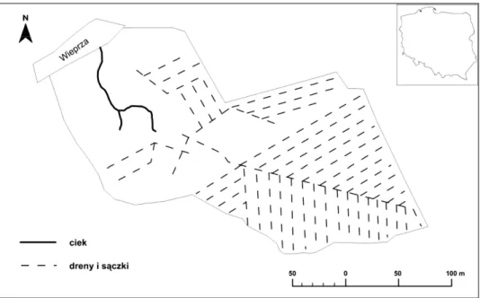 Fig. 1. Localization of underdrainage in the catchment left bank tributary of Wieprza river