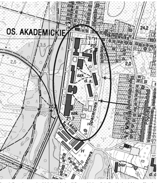 Fig.  6.  Location  of  the  Pomeranian  Academy  of  objects  on  the  Akademickie  district  of Słupsk in 2009