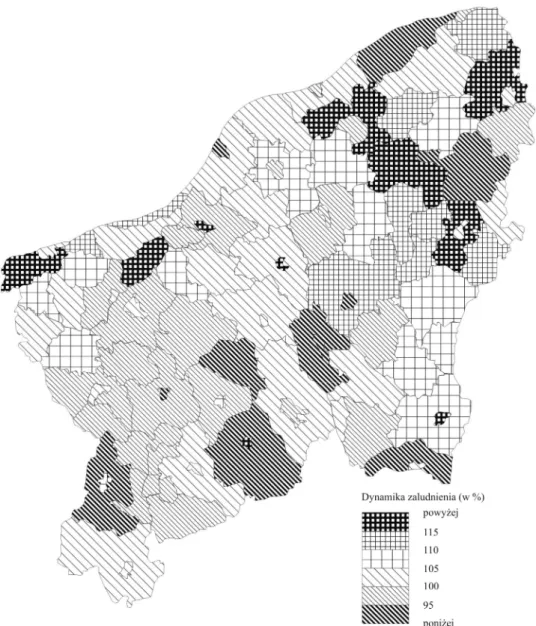 Fig.  7.  Dynamism  of  population  number  changes  in  towns  and  communities  of  Central  Po- Po-merania in 1988-2007 (1988 = 100)