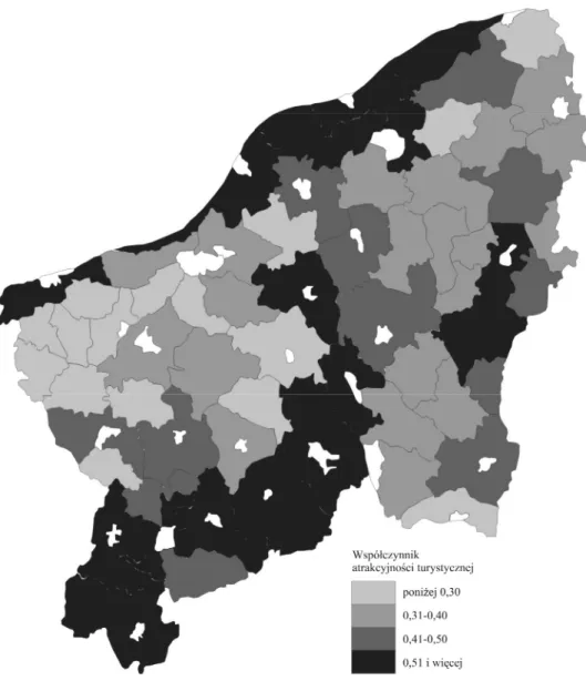 Fig. 3. Valorization  of  rural  communities  of  Central  Pomerania  regarding  tourist  attractive- attractive-ness in 2007