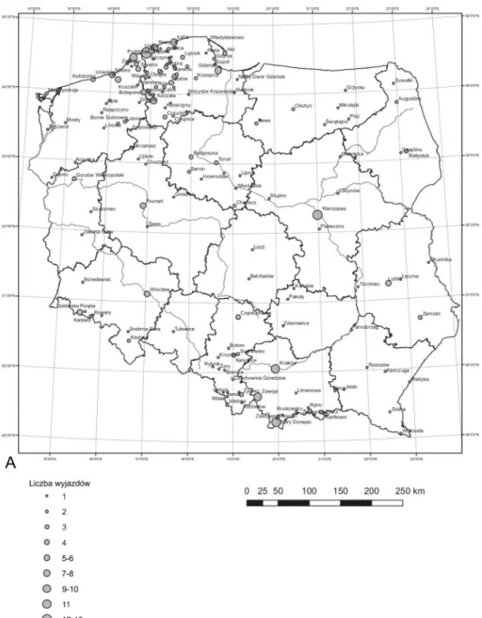 Fig.  1.  The  spatial  arrangement  of  the  national  touristic  departures  of  the  Słupsk  (A)  and Częstochowa (B) high school students during summer holidays 2001