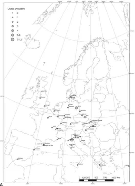 Ryc. 2. Mapa przestrzeni turystycznej wyjazdów zagranicznych młodzieŜy licealnej Słupska (A) i Częstochowy (B) w okresie wakacji letnich 2001 roku