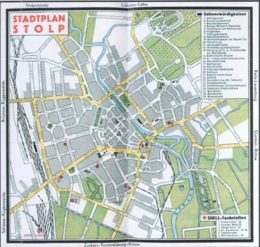 Mapa  obejmuje  od  zachodu  dworzec  kolejowy,  od  strony  wschodniej  Osiedle Kaszubskie, od strony północnej wylot Słupi i stadion, a od strony południowej  dro-gę wylotową w kierunku Poznania.