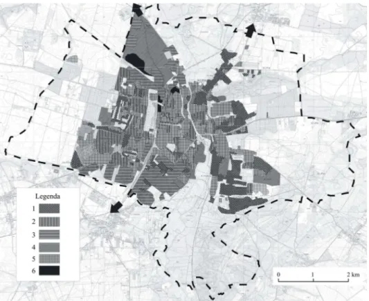 Fig.  3.  Contemporary  spatial  range  and  functional  structure  building  and  urbanized  land- land-scapes  of  Słupsk  (state  on  01.01.2008):  1  –  single-family  housing  and  low  multifamily housing, 2 – high multifamily housing, 3 – industrial