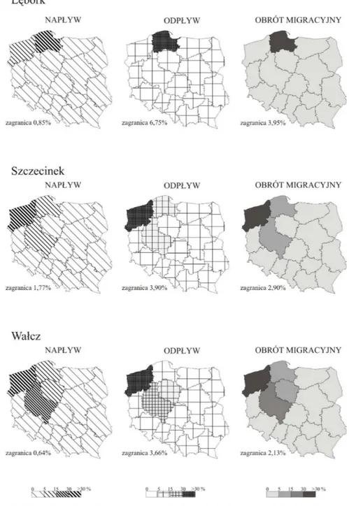 Fig. 3. The courses of migration of Lębork, Szczecinek and Wałcz citizens according to voi- voi-vodeships 