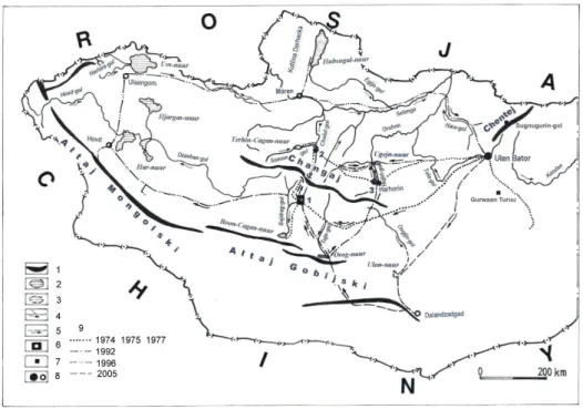 Fig.  2.  The  routes  of  author  expedition  in  years  1974  to  2005  (9):  1  –  mountain  ranges,   2  –  lakes,  3  –  disappear  lakes,  4  –  rivers,  5  –  periodical  rivers,  6  –  Bayan-Nuurin-Khotnor  Basin, 7 – Tarjat and Hujirt rivers botto