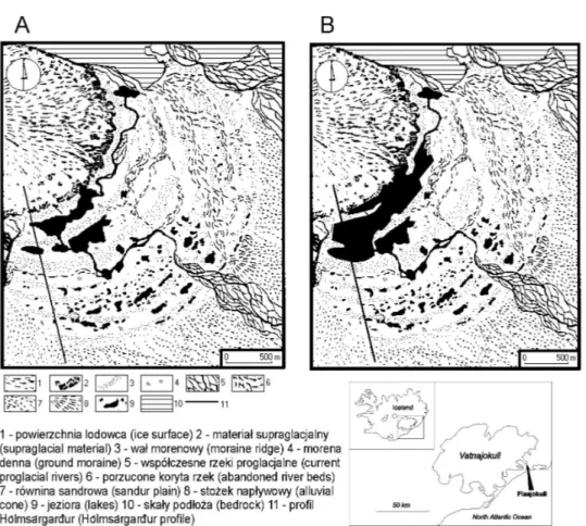 Fig. 1. Location of the Fláajökull marginal zone in SE Iceland. A – geomorphological sketch  based on an aerial photographs from 1989 (Dąbski et al