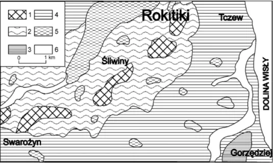 Fig.  2.  Main  of  morphological  units:  1  –  morainic  ridges,  2  –  undulating  morainic  plateau,   3 – flat morainic plateau (upper level), 4 – flat morainic plateau (lower level), 5 – meltout  ba-sins, 6 – subglacial valleys and river valleys floo