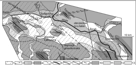 Fig. 1. Local tectonic structures in substratum of Cainozoic sediments and selected elements of  the  Toruń  Basin  present  relief    (tectonic  structures  based  on:  Marek,  Znosko  1972,  1983,  Dadlez, Marek 1974, PoŜaryski et