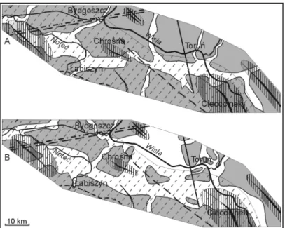 Fig. 3. Reconstruction of the fossil valleys route in the Toruń Basin region from Great Inter- Inter-glacial  (A)  and  Eemian  InterInter-glacial  (B)  periods  on  the  background  of  tectonic  structures  in  the  substratum  of  Cainozoic  sediments  