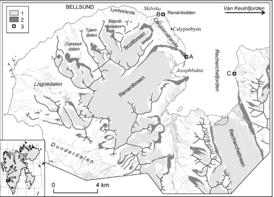 Fig.  1.  Study  area  and  localisation  of  archaeological  sites:  1  –  glaciers,  2  –  moraine  ridges,   3 – archaeological sites (A – Renardbreen 1, B – Renardodden 1, C – Lægerneset) 