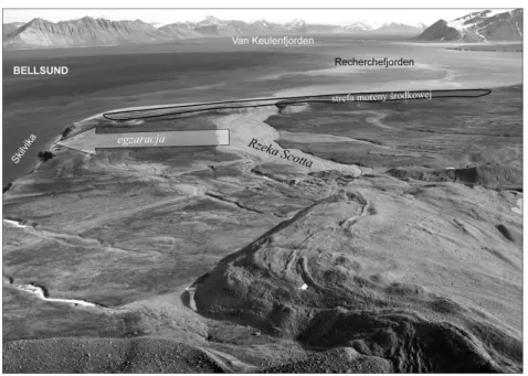 Fot. 2. Strefa moreny czołowej lodowca Renard, niszczona abrazyjnie. Rejon stanowiska ar- ar-cheologicznego Renardbreen 1 (fot