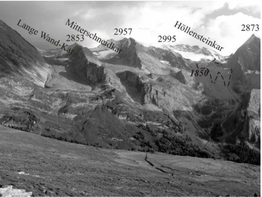 Fig. 8. Kars in upper part of Loschbodenalm valley. In Lange Wand-Kar is the largest active  rock glacier in the Tuxer Hauptkamm (length 1400 m, width up to 260 m, front height 20-30  m); 1850 – the Little Ice Age moraine in Höllensteinkar 