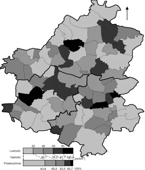 Fig. 4. The concentration of the population in geodesical districts of communes located in the  Upland of Damnica in 1988 