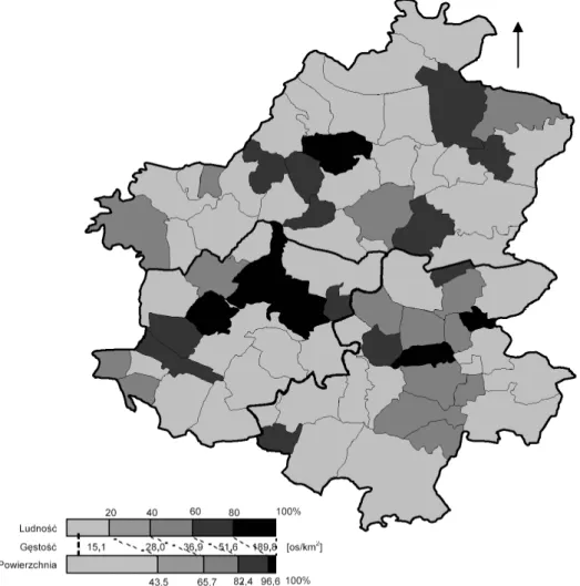 Fig. 5. The concentration of the population in geodesical districts of communes located in the  Upland of Damnica in 2002 