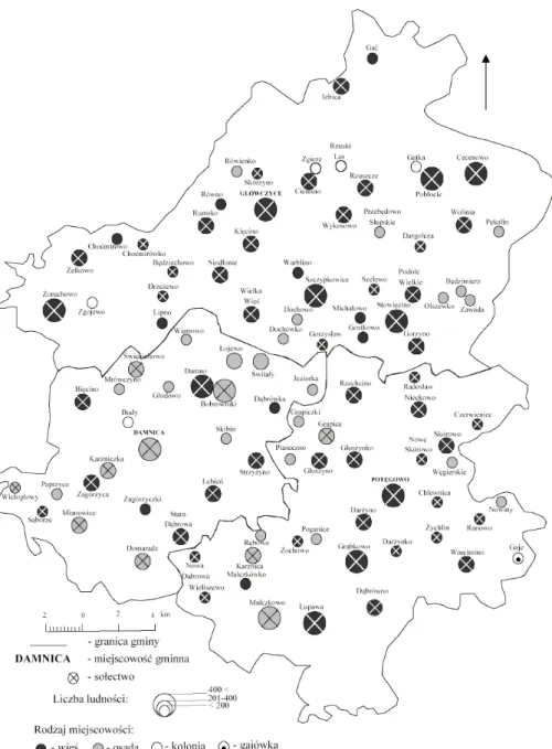 Fig.  1.  The  structure  of  the  settlement  network  in  the  communes  of  Damnica,  Główczyce   and Potęgowo 
