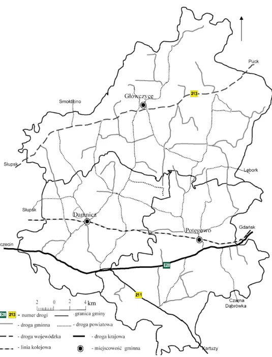 Fig. 2. The transport network in the communes of Damnica, Główczyce and Potęgowo km 