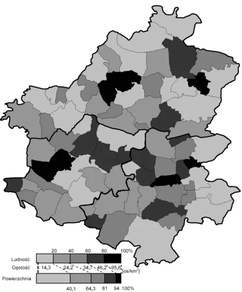 Fig. 3. The concentration of the population in geodesical districts of communes located in the   Upland of Damnica  in 1978 