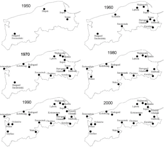 Fig. 1. The  location  of  middle-size  cities  (20 000-50 000  inhabitants)  in  seaside  regions  in  1950-2000 