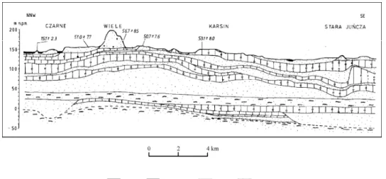 Fig. 2. Geological cross-section of “Wiele morainic island”: 1 – peat, 2 – sands and gravels,   3 – silts, 4 – tills  