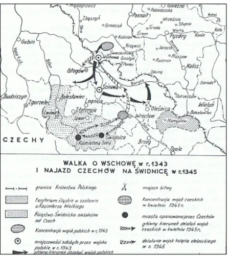 Mapa 3. Walka o Wschowę w r. 1343 i najazd Czechów na Świdnicę w r. 1345 196 . 