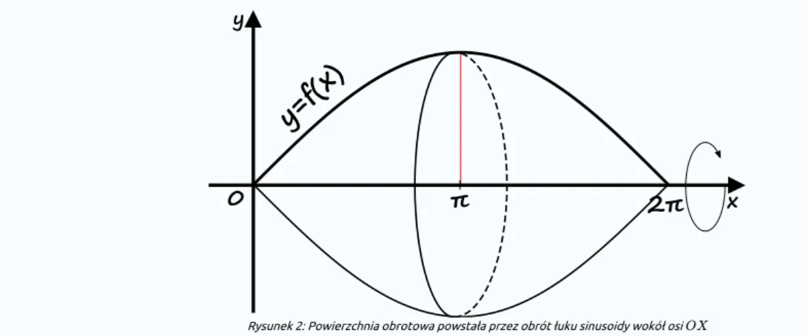 Rysunek 2: Powierzchnia obrotowa powstała przez obrót łuku sinusoidy wokół osi 