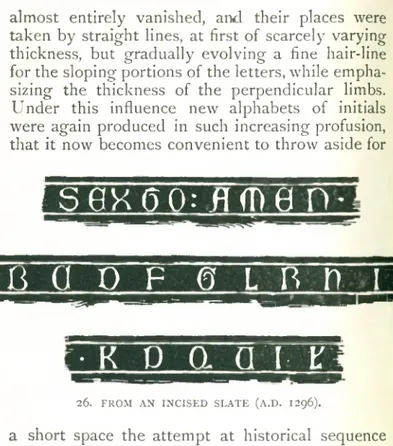 Fig.  26  is  a  nearly  complete  alphabet  of  so-  called  Lombardic  capitals,  such  as  were  especially  used  for  inscriptions  in  metal  and  stone,  taken  from  the  monument  of  Nenkinus  de  Gotheim,