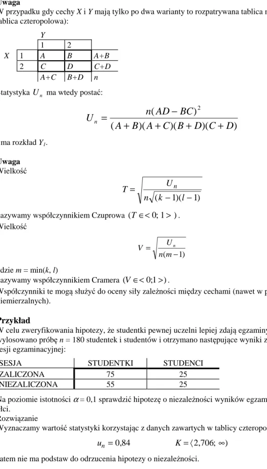 tablica czteropolowa):  Y  1  2  X  1  A  B  A+B  2  C  D  C+D  A+C  B+D  n  Statystyka  U n  ma wtedy postać: 
