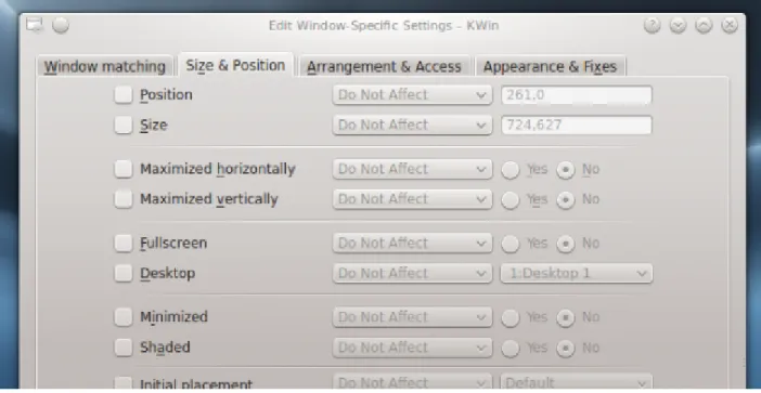 Rysunek 7: Panel konfiguracji managera okien KWin. Widoczna część ustawień pozwala zdefiniować reguły pozycji oraz geometrii okien niektórych programów
