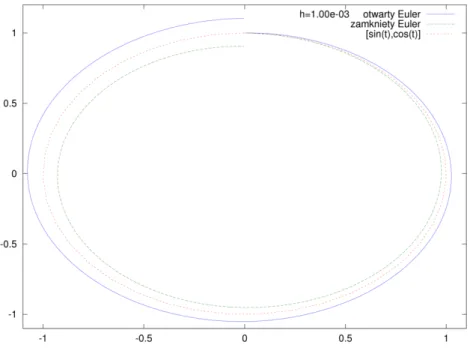 Rysunek 3.12. Schematy Eulera dla równania 2-wymiarowego - trajektoria.