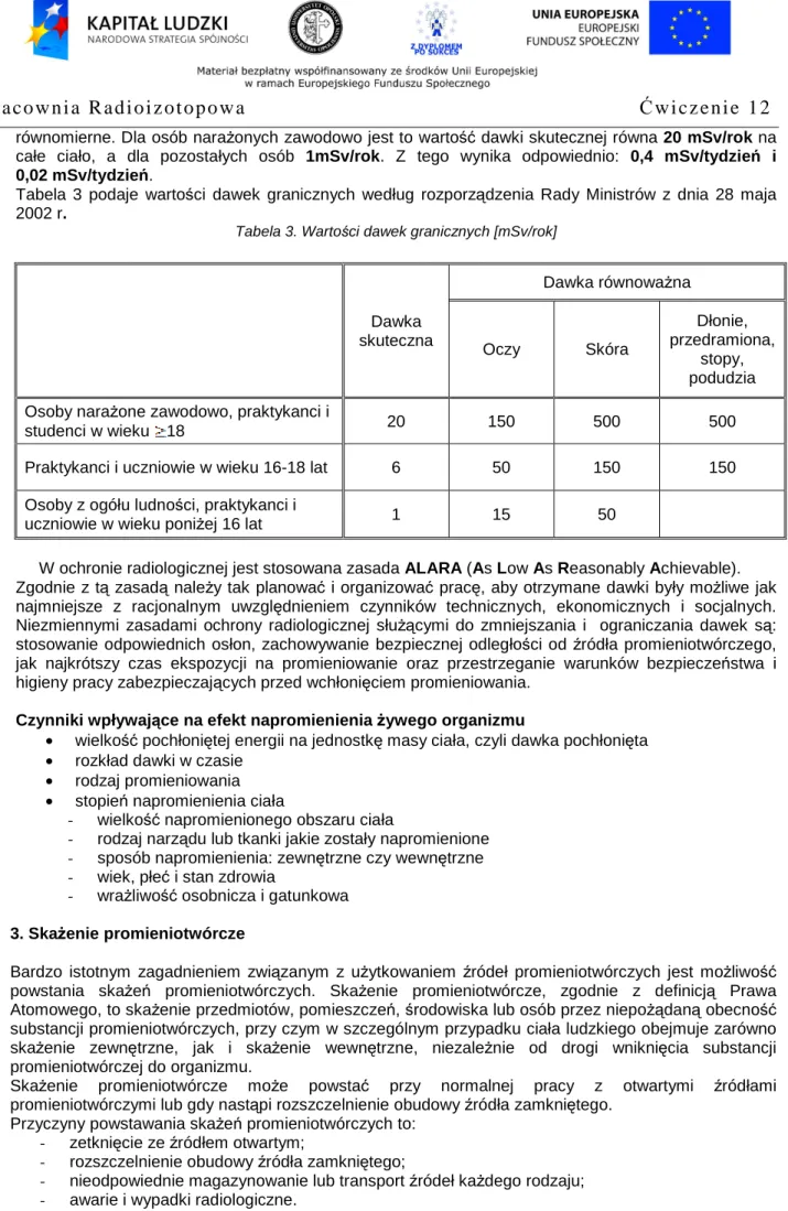 Tabela  3  podaje  wartości  dawek  granicznych  według  rozporządzenia  Rady  Ministrów  z  dnia  28  maja  2002 r