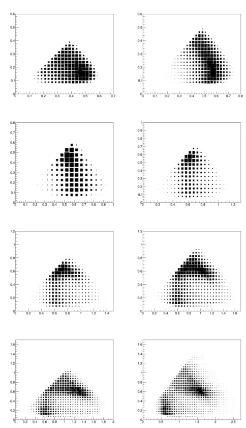 Figure 6.4: 8 Dalitz plots for slices in Q2: 0.36- 0.81, 0.81-1.0, 1.0-1.21, 1.21-1.44, 1.44-1.69, 1.69- 1.96, 1.96-2.25, 2.25-3.24 GeV 2 