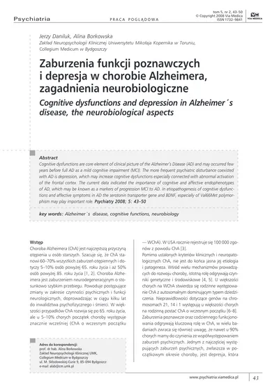 Zaburzenia Funkcji Poznawczych I Depresja W Chorobie Alzheimera Zagadnienia Neurobiologiczne 5678