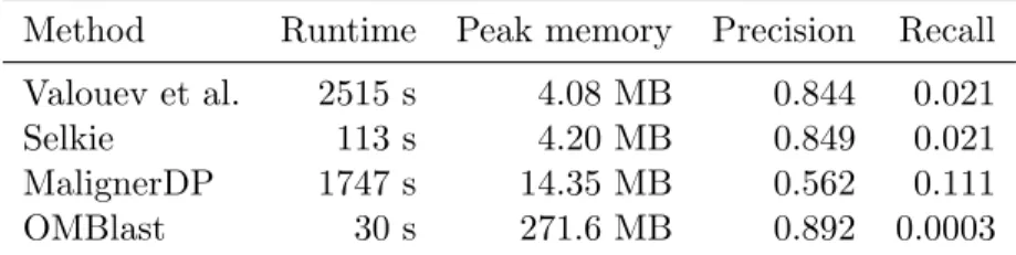 Table 5.2: Runtime, peak memory usage, precision, and recall of the different tools on E
