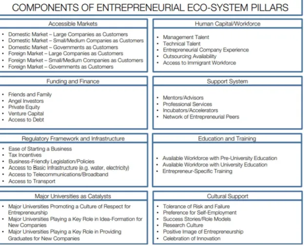 Figure 3.  Components of Entrepreneurial Eco-system Pillars (World Economic Forum, 2013: 7) 