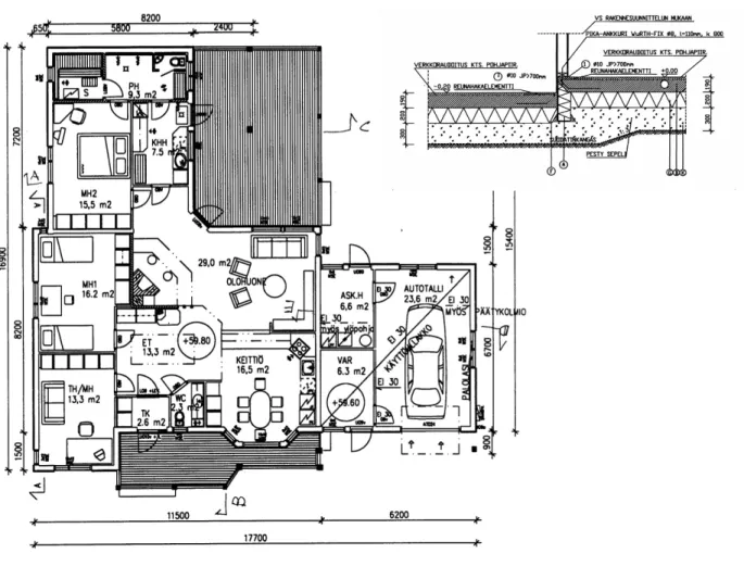 Figure 5.1  The plan and structural layers of the slab-on-ground structure. The  detached house in Järvenpää region